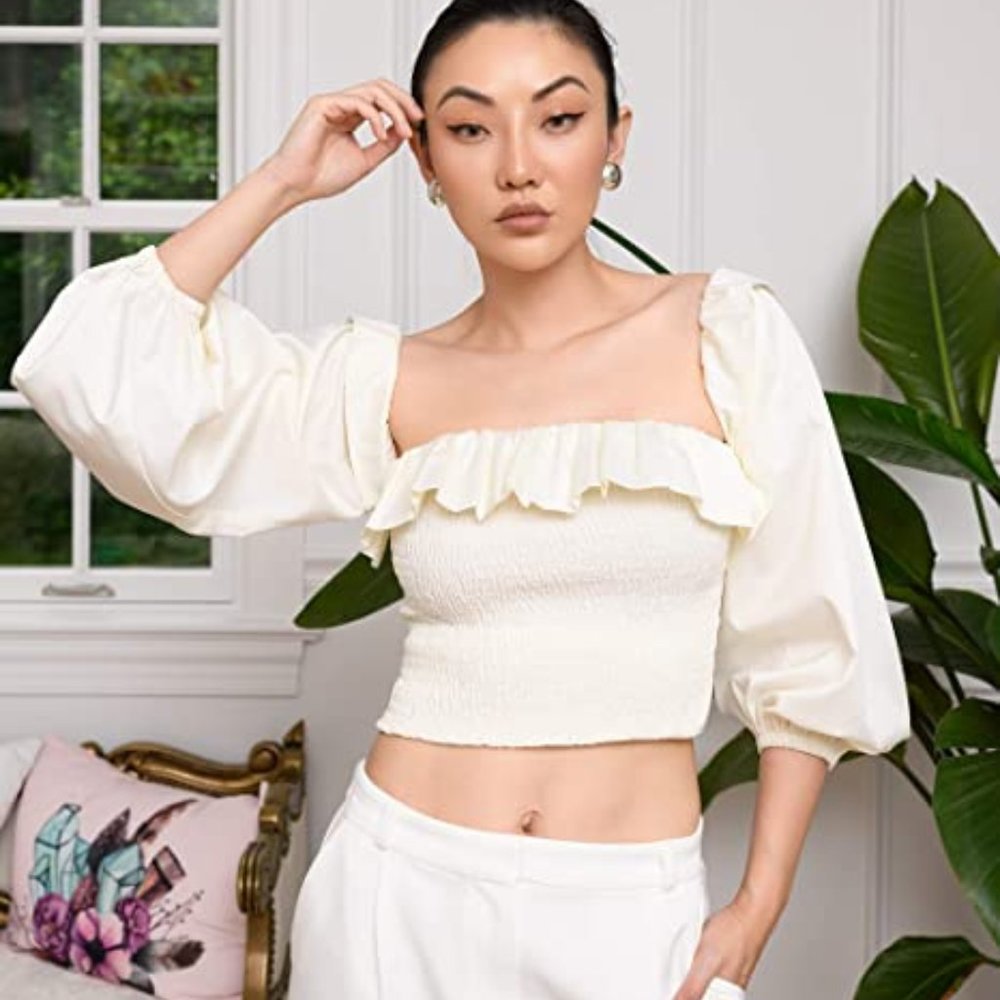 The Drop Women's Cloud White Smocked Ruffle-Neck